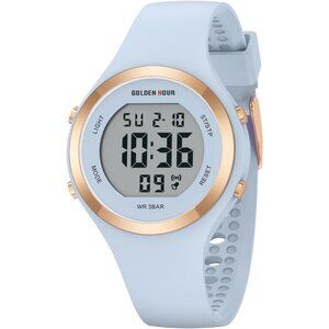 Unisex Light Blue Silicone Digital Gold Bezel Water-Resistant Alarm Stopwatch